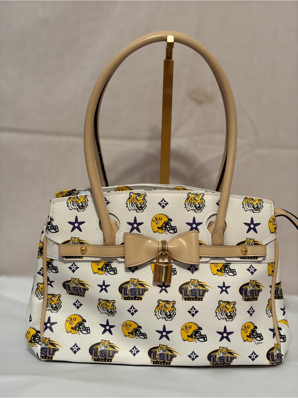 LSU Themed White & Tan Satchel Bag with Bow Accent & matching accessory pouch
